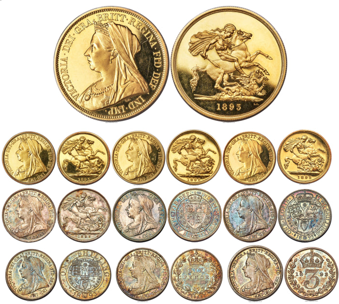 販売実績-イギリス 1893年 ヴィクトリア女王“ヴェールヘッド” 金貨・銀貨10枚セット PF63+UCAM他(NGC)元箱付き-UNIVERSAL COIN