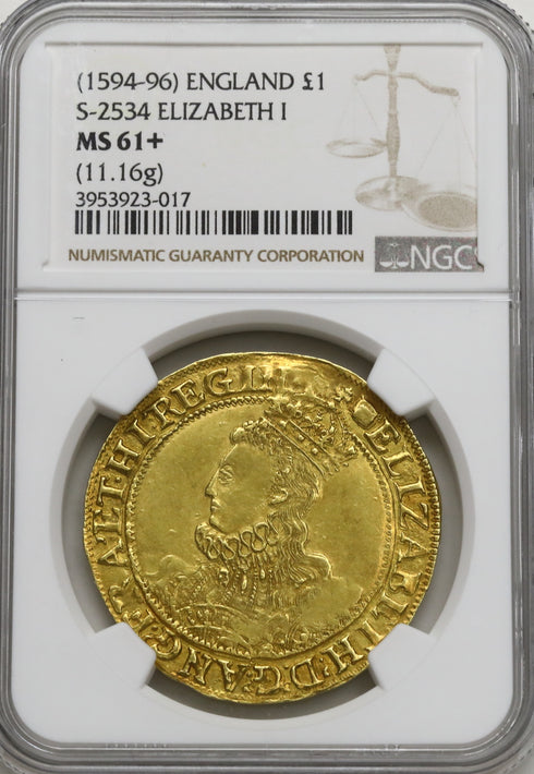 イギリス 1594-96年 エリザベス1世 1ポンド金貨 S-2534 MS61+:3953923-017