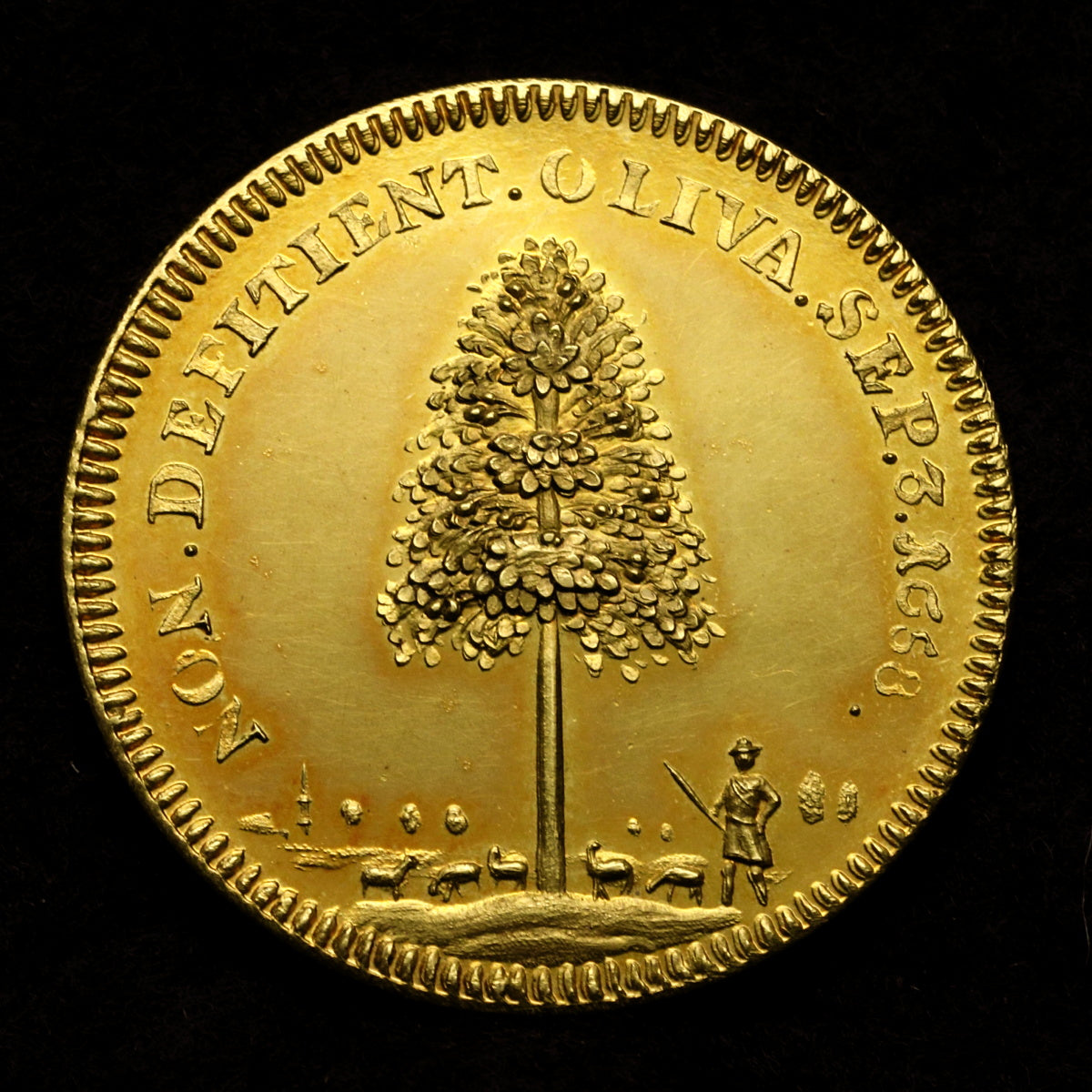 オリバー・クロムウェル 1658年記念金貨 - イングランド共和国時代の稀少コイ イギリス 1658年 オリバー・クロムウェル 追悼記念 金メダル 裸