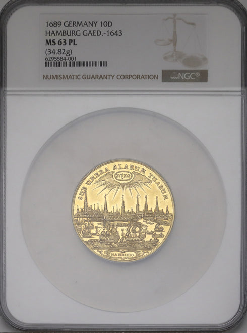 ドイツ 1689年 ハンブルク都市景観 10ダカット金貨(バンクポルトガレッサー) MS63PL:6295584-001