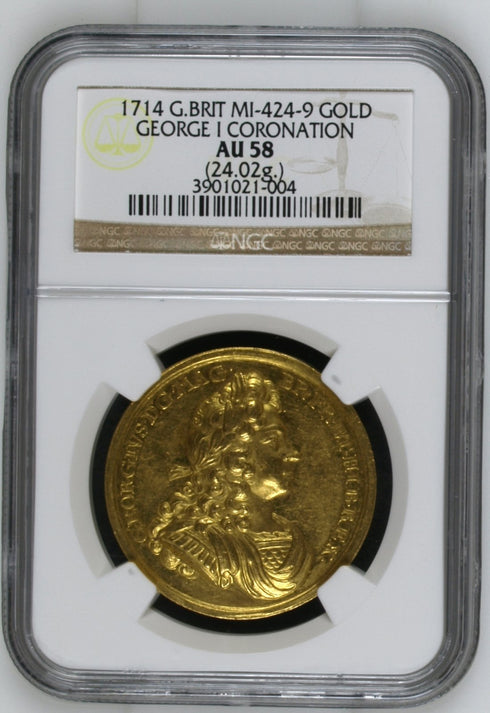 イギリス 1714年 ジョージ1世 戴冠記念 金メダル AU58:3901021-004