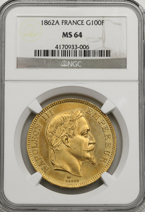 フランス 1862年A ナポレオン3世 100フラン金貨 MS64:4170933-006