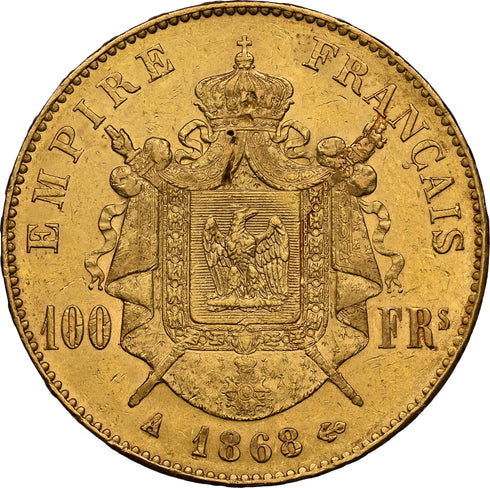 フランス 1868年A ナポレオン3世 100フラン金貨 AU DETAILS(REV DAMAGE):8366113-009