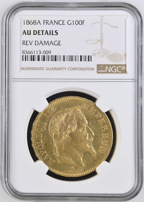 フランス 1868年A ナポレオン3世 100フラン金貨 AU DETAILS(REV DAMAGE):8366113-009