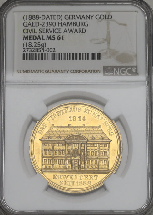 ハンブルグ 1888年 1/2バンクポルトガレッサー 5ダカットサイズ金メダル MS61:2732854-002
