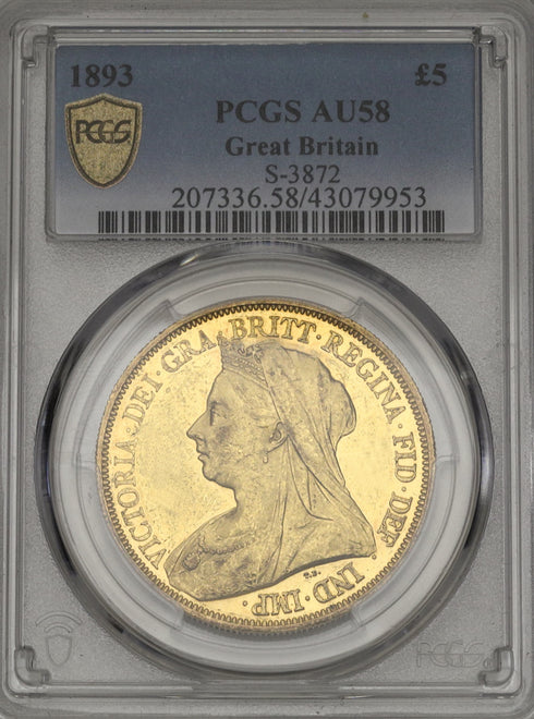 イギリス 1893年 ヴィクトリア女王"ヴェールヘッド" 5ポンド金貨 AU58:43079953