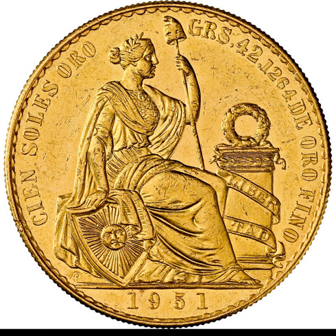 ペルー 1951年 女神座像 100ソル金貨 MS60:8662804-002