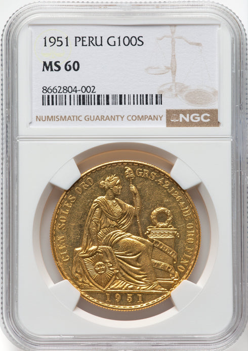 ペルー 1951年 女神座像 100ソル金貨 MS60:8662804-002