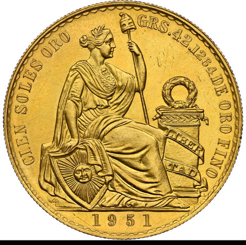 ペルー 1951年 女神座像 100ソル金貨 MS63:8242907-002