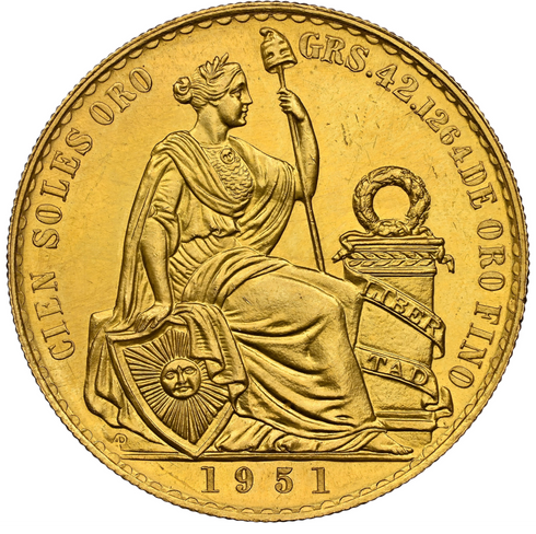 ペルー 1951年 女神座像 100ソル金貨 MS63:8242907-002