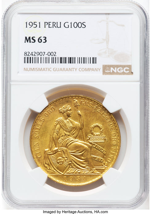 ペルー 1951年 女神座像 100ソル金貨 MS63:8242907-002