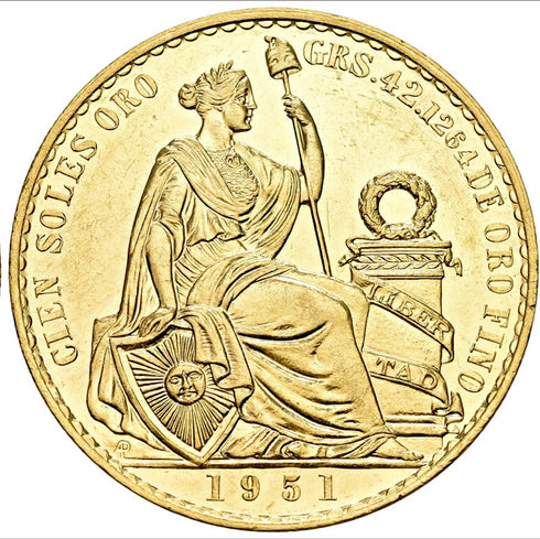 ペルー 1951年 女神座像 100ソル金貨 裸:未鑑定