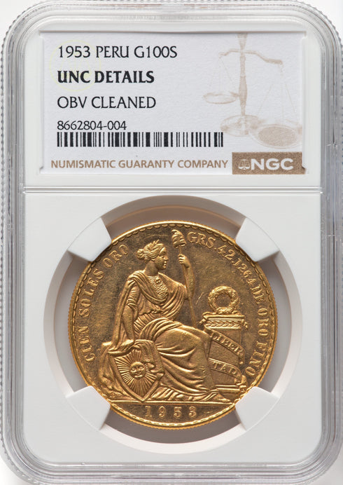 ペルー 1953年 女神座像 100ソル金貨 UNC Details:8662804-004