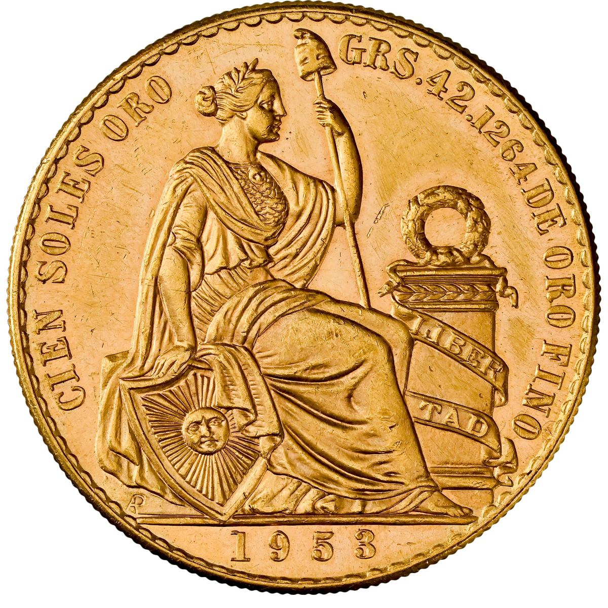 ペルー 1953年 女神座像 100ソル金貨 UNC Details：8662804-004