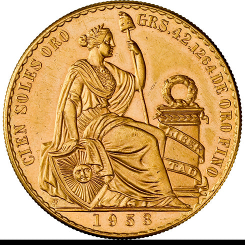 ペルー 1953年 女神座像 100ソル金貨 UNC Details:8662804-004