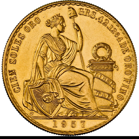 ペルー 1957年 女神座像 100ソル金貨 MS63:8662806-001
