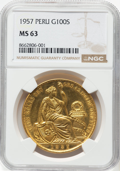 ペルー 1957年 女神座像 100ソル金貨 MS63:8662806-001
