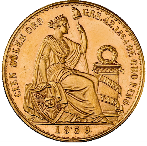 ペルー 1959年 女神座像 100ソル金貨 MS63:8662806-002