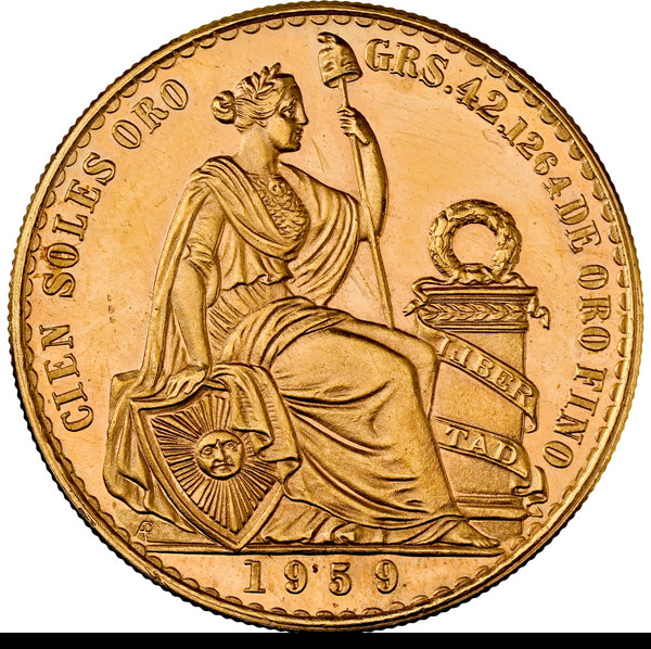 ペルー 1959年 女神座像 100ソル金貨 MS63:8662806-002