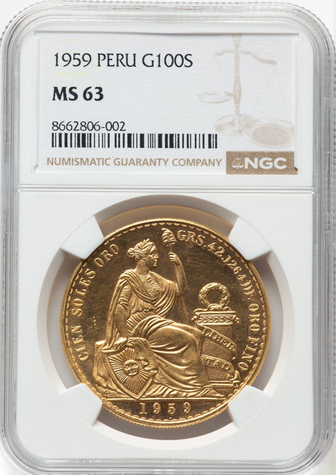 ペルー 1959年 女神座像 100ソル金貨 MS63:8662806-002