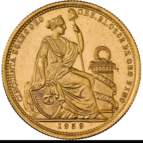 ペルー 1959年 女神座像 50ソル金貨 MS65:8662806-017