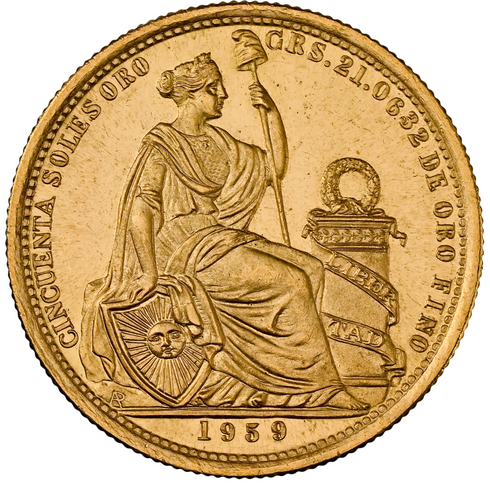 ペルー 1959年 女神座像 50ソル金貨 MS65:8662806-017