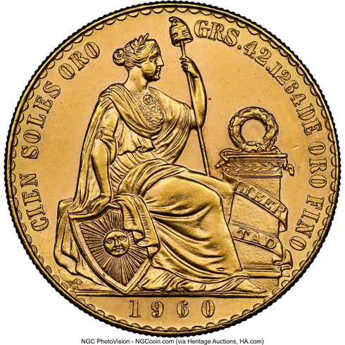 ペルー 1960年 女神座像 100ソル金貨 MS62:8523265-014