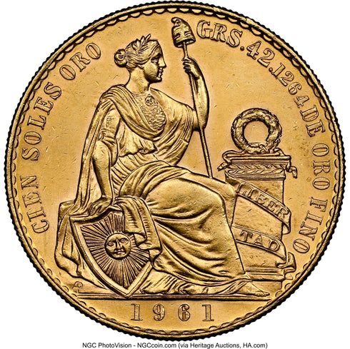 ペルー 1961年 女神座像 100ソル金貨 MS62:8523265-015