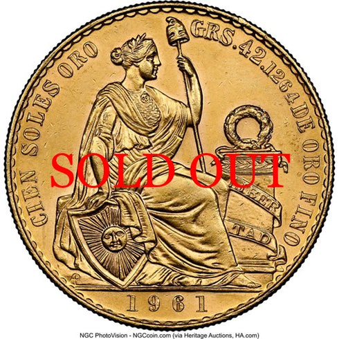 ペルー 1961年 女神座像 100ソル金貨 MS62:8523265-015