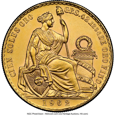 ペルー 1962年 女神座像 100ソル金貨 MS61:8523265-016