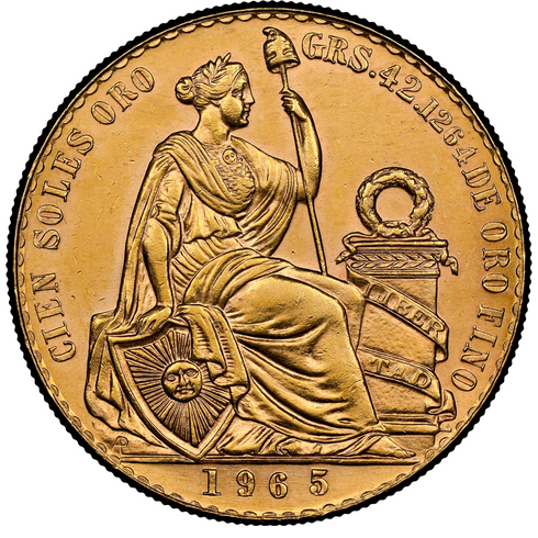 ペルー 1965年 女神座像 100ソル金貨 MS62:8523265-010