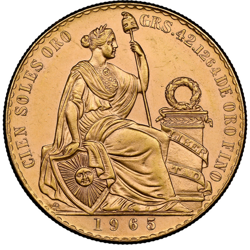 ペルー 1965年 女神座像 100ソル金貨 MS62:8523265-011