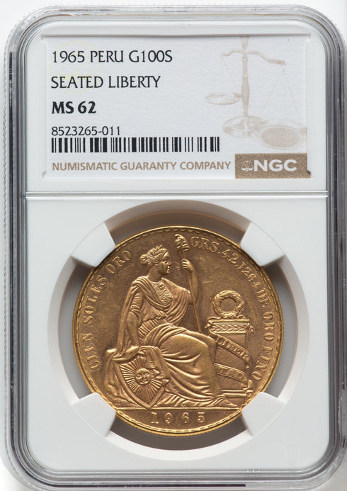 ペルー 1965年 女神座像 100ソル金貨 MS62:8523265-011