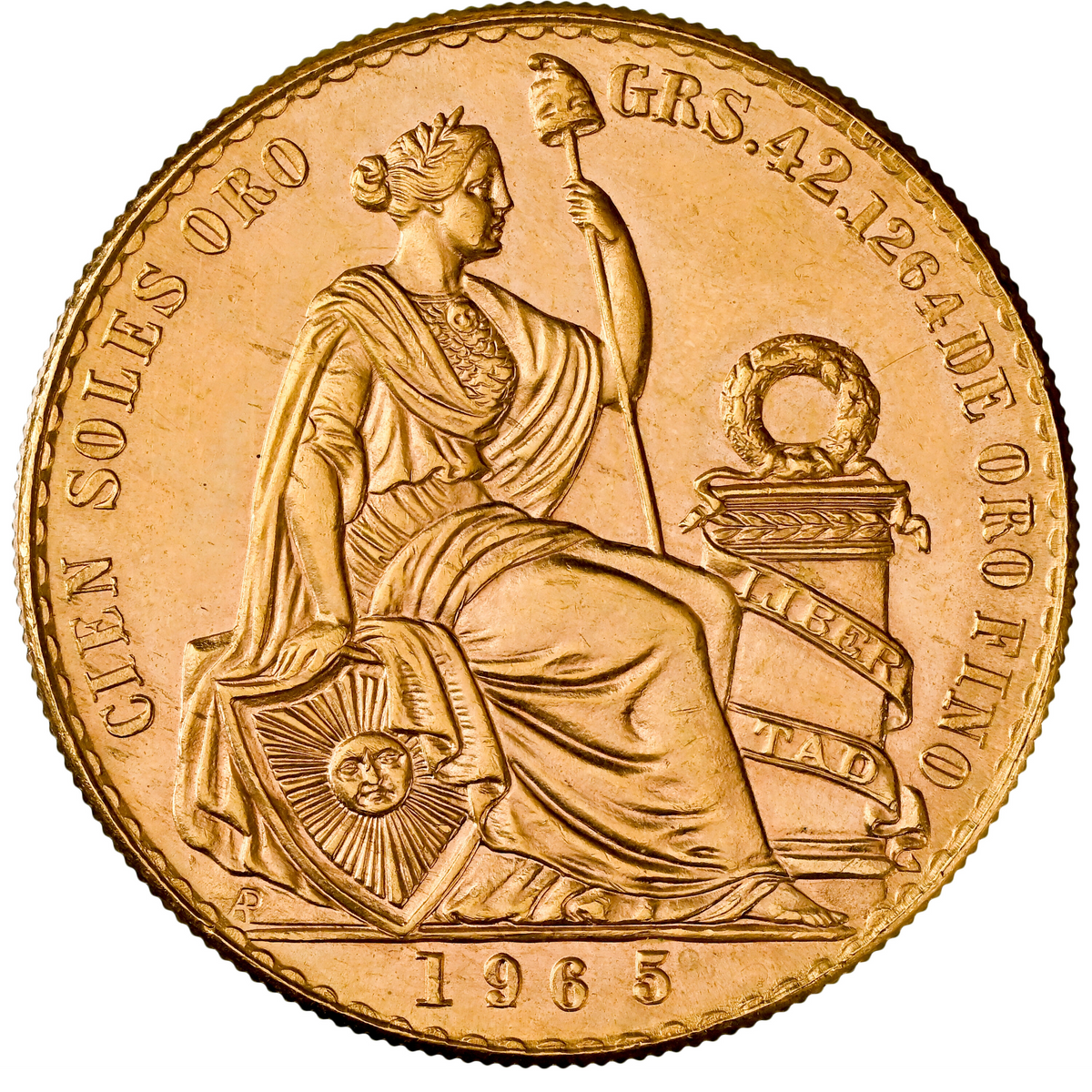 ペルー 1965年 女神座像 100ソル金貨 MS63：8662804-019