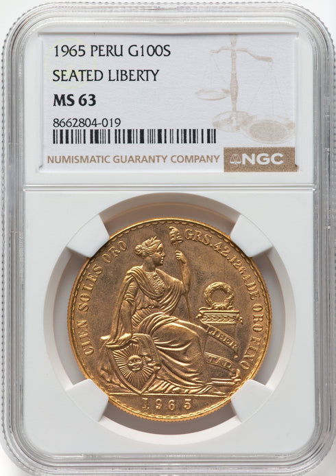 ペルー 1965年 女神座像 100ソル金貨 MS63:8662804-019
