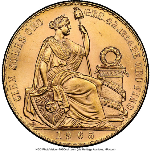 ペルー 1965年 女神座像 100ソル金貨 MS63:8523265-001