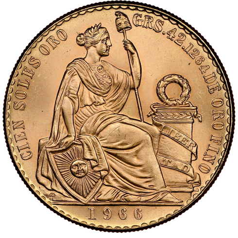 ペルー 1966年 女神座像 100ソル金貨 MS64:8523266-005