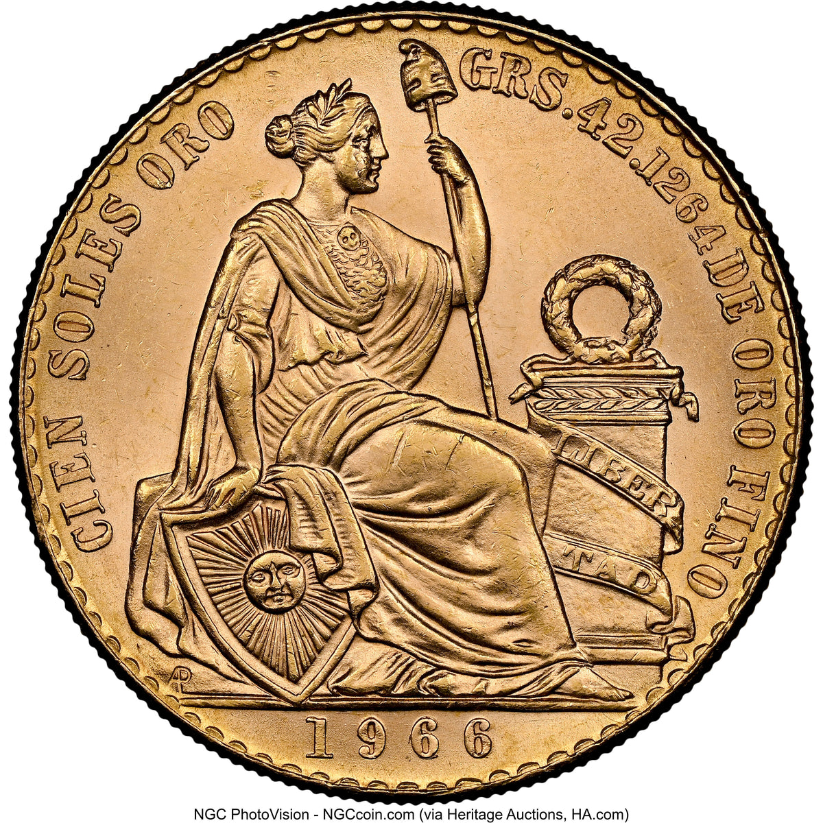 ペルー 1966年 女神座像 100ソル金貨 MS63：8523265-020 
