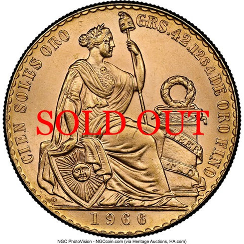 ペルー 1966年 女神座像 100ソル金貨 MS63:8523265-020