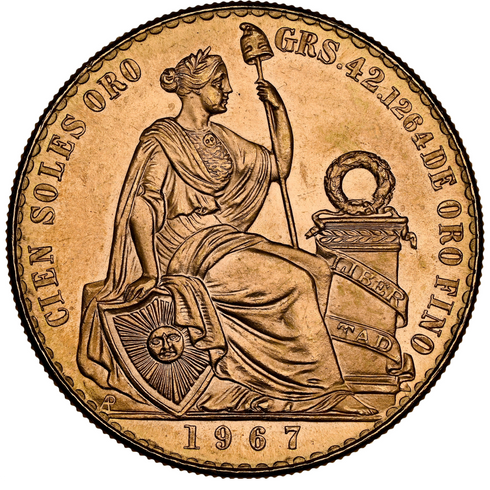 ペルー 1967年 女神座像 100ソル金貨 MS65:8523266-015