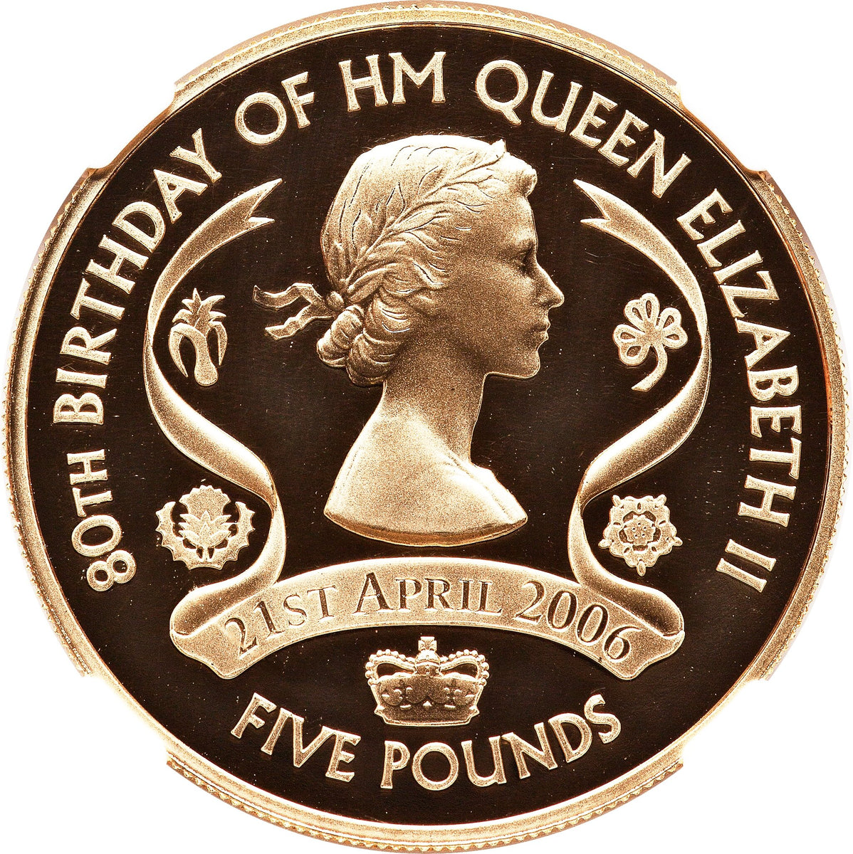 ガーンジー島 2006年 エリザベス2世 80歳記念 5ポンド金貨 PF69UCAM：3421280-007