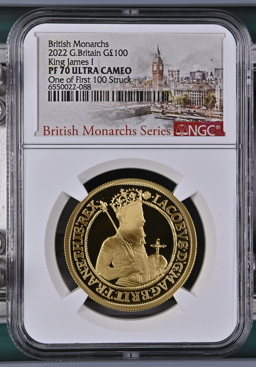 イギリス 2022年 ジェームズ1世 100ポンド 1oz 金貨 PF70UCAM：6550022
