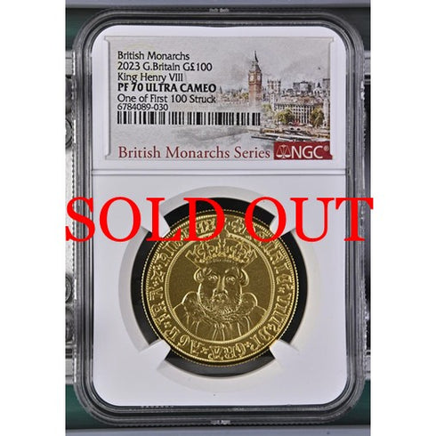 イギリス 2023年 ヘンリー8世 100ポンド 1oz 金貨 PF70UCAM:6784089-030
