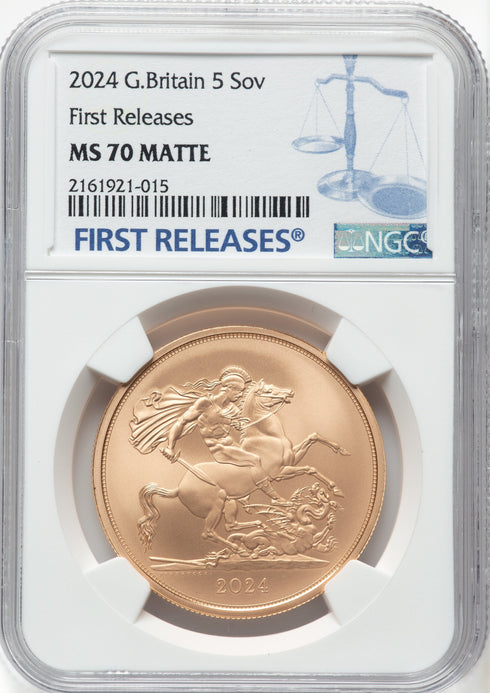 イギリス 2024年 聖ジョージと竜退治 5ポンド金貨 MS70MATTE:2161921-015