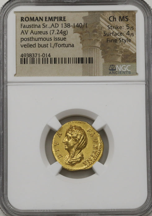 古代ローマ帝国 138-140/1AD 大ファウスティナ/運命の女神フォルトゥーナ アウレウス金貨 ChMS5/5,4/5 Fine Style:4938371-014