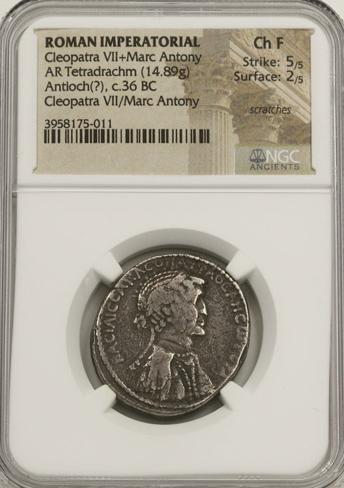 古代共和制ローマ 36BC クレオパトラ7世/マルクス・アントニウス テトラドラクマ銀貨 Ch F Strike5/5,Surface2/5 scraCh es:3958175-011