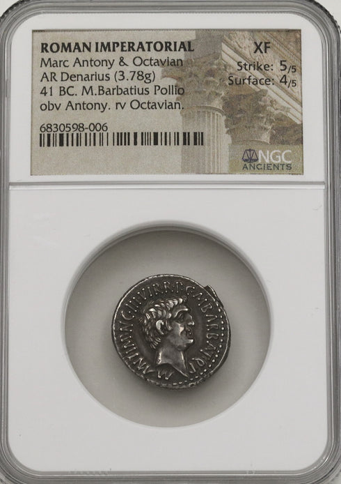 【希少性】★★★☆ 古代共和制ローマ 41BC マルクス・アントニウス/オクタヴィアヌス アウレウス銀貨 XF Strike5/5 Surface4/5:6830598-006-UNIVERSAL COIN