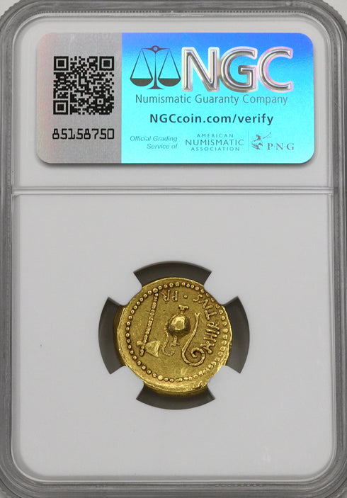 古代共和制ローマ 44BC ユリウス・カエサル/家族の女神ヴェスタ アウレウス金貨 Ch VF Strike5/5 Surface2/5 ex-jewelry:6830599-001-UNIVERSAL COIN