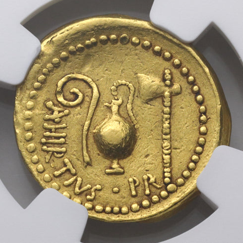 古代共和制ローマ 44BC ユリウス・カエサル/家族の女神ヴェスタ アウレウス金貨 Ch VF Strike5/5 Surface2/5 ex-jewelry:6830599-001-UNIVERSAL COIN