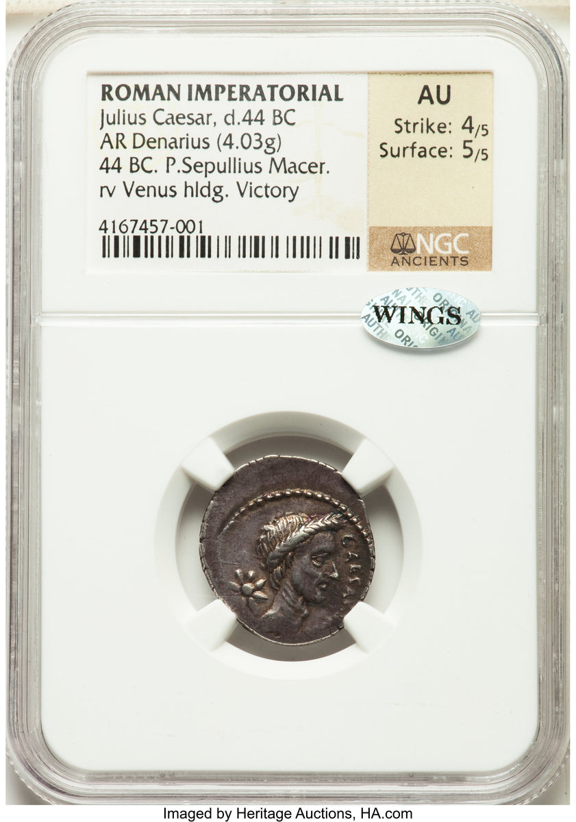 古代共和制ローマ 44BC ユリウス・カエサル/愛の女神ヴィーナスと勝利の女神ニケ デナリウス銀貨 AU  Strike:4/5,Surface:5/5：4167457-001